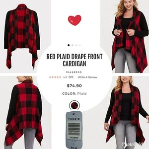 NWT Torrid red plaid drape front cardigan sweater